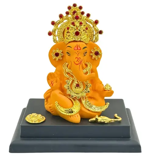 Graceful Orange Ganpati with Gold-Plated Jewelry, 3-Year Color Warranty